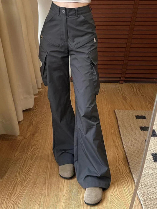 Grey Flare Cargo Sweatpants Y2k Harajuku Baggy Zipper Korean Style Wide Leg Pants Trousers