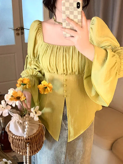 Woman Spring Highend Retro Exquisite Hong Kong Style Slim Fit White Top Design Niche Feel Blouse Top