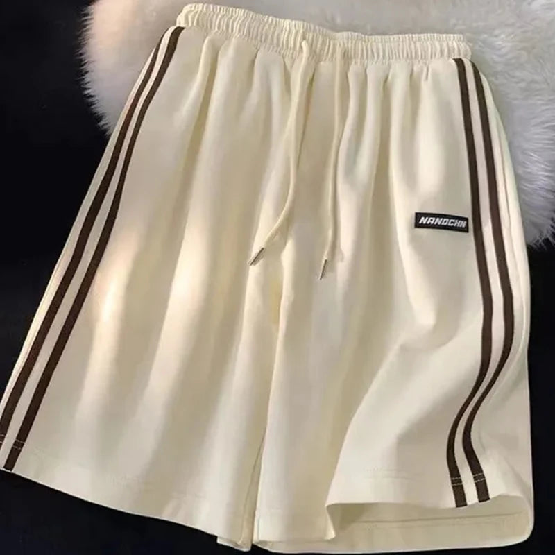 Striped Shorts Summer Loose Wide Leg Shorts Korean Elastic Waist Sports Shorts Bf Couple Oversized