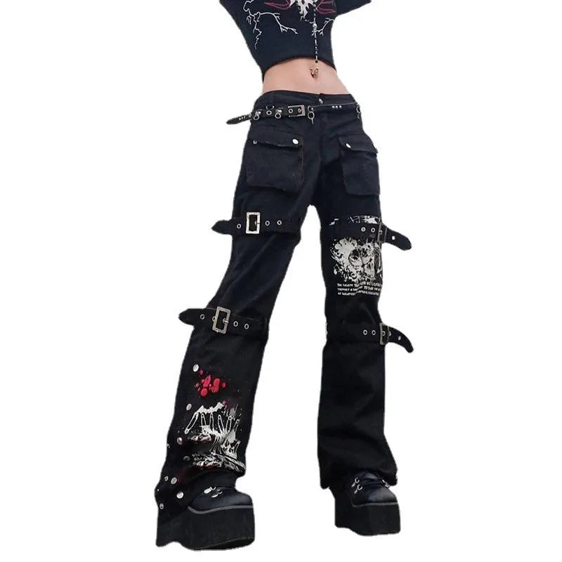 Black Gothic Pencil Pants Rivet High Waist Woman Slim Body Dark Goth Pant Punk Aesthetic Clothes Streetwears