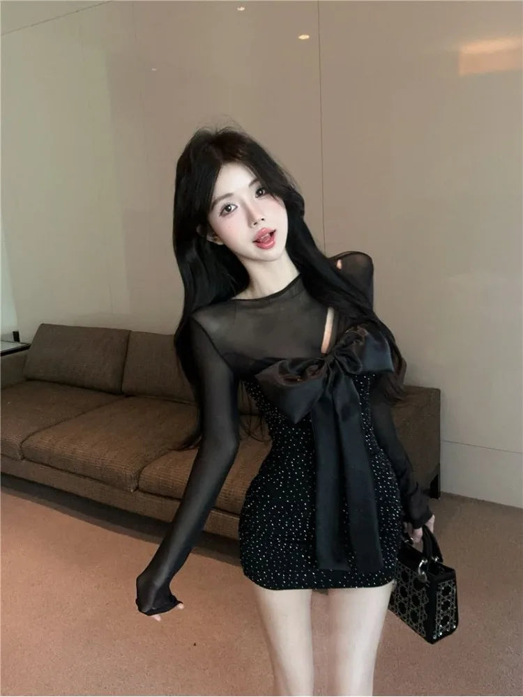 Mini Dresses Mesh Patchwork Bow Hollow Out Slim Shiny Long Sleeve Dress Party Club Female