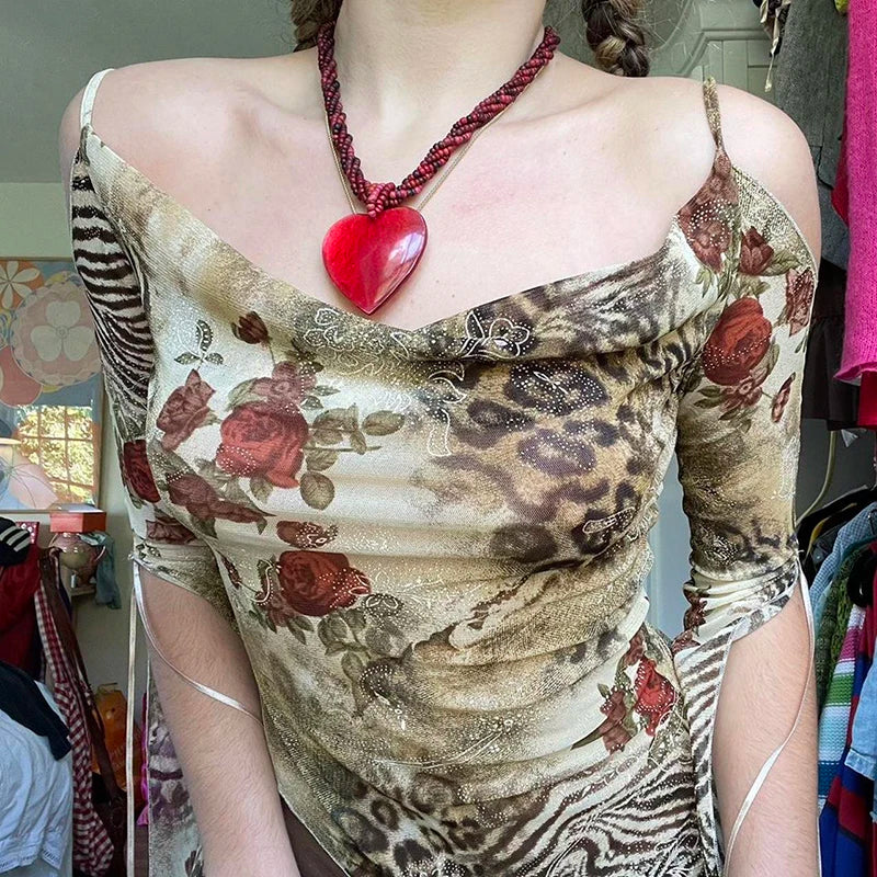 Asymmetric Tiger Pattern Rose Print T-shirt Y2k Long Sleeve Off Shoulder Suspender Top