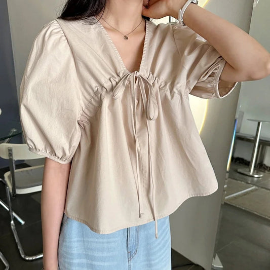 Spring Summer Puff Sleeve Vneck Blouses Short Sleeve Loose Laceup Shirts for
