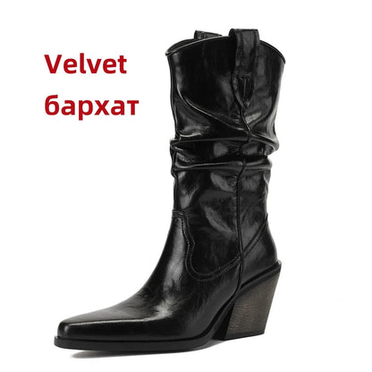 New High Heel Leather Shoes Knight Boot Western Cowboy Boots Pointed Toe Thick Soled Short Boot