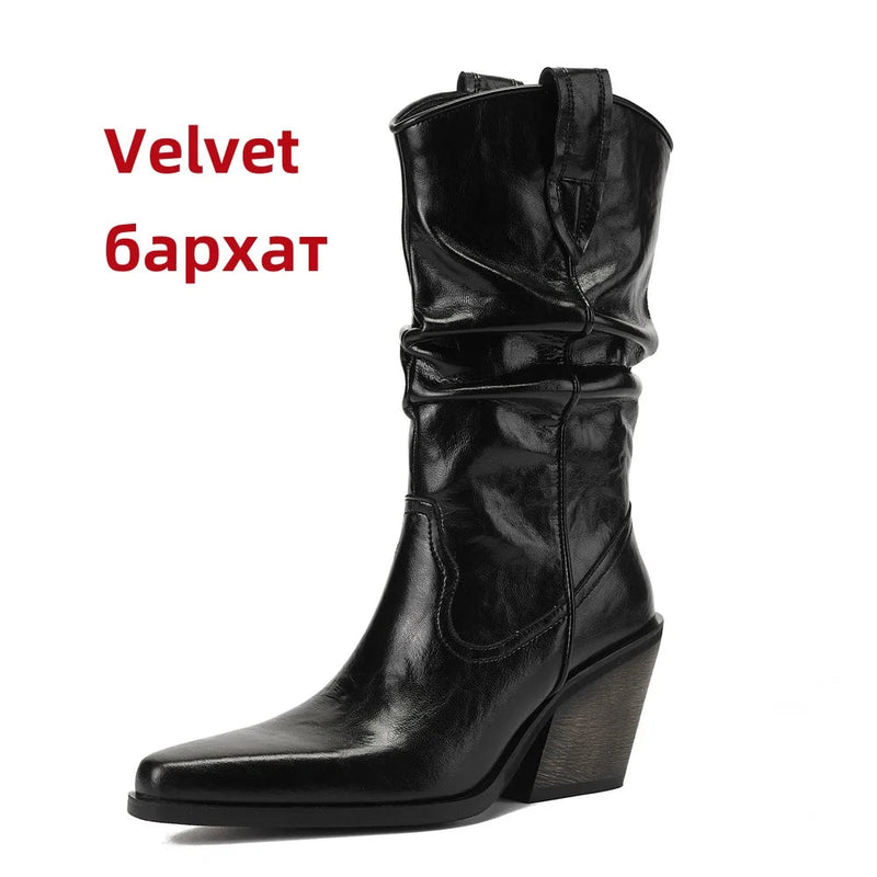 New High Heel Leather Shoes Knight Boot Western Cowboy Boots Pointed Toe Thick Soled Short Boot