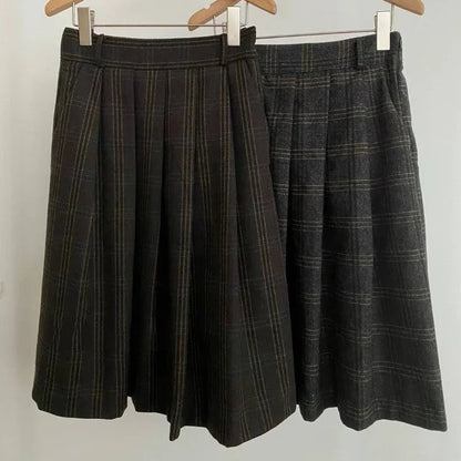Korean Retro Pleated Loose Kneelength Skirt Spring New High Waist Contrast Color Plaid Tweed Aline Skirt