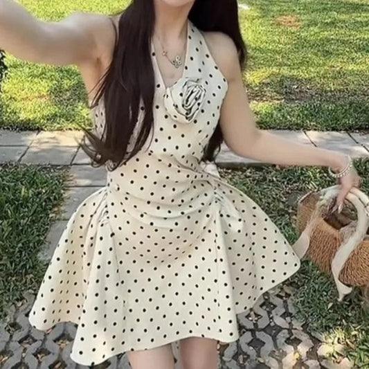 Polka Dot Halter Mini Dresses Spring Summer Sweet Korean Dress Flowers Vestidos Mujer