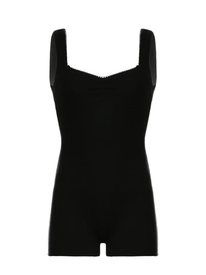 Sleeveless Shirring Square Collar Skinny Summer Playsuit Black Simple Basic Vacation Rompers