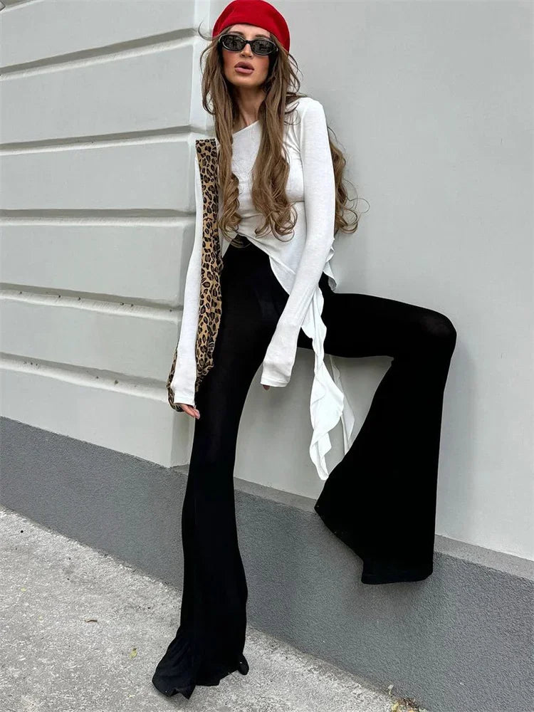 White Knit Slim T-shirt Pullover Female Ruffled Patchwork See-through Long Sleeve Y2k Inner Top ’s Knitwear Tee