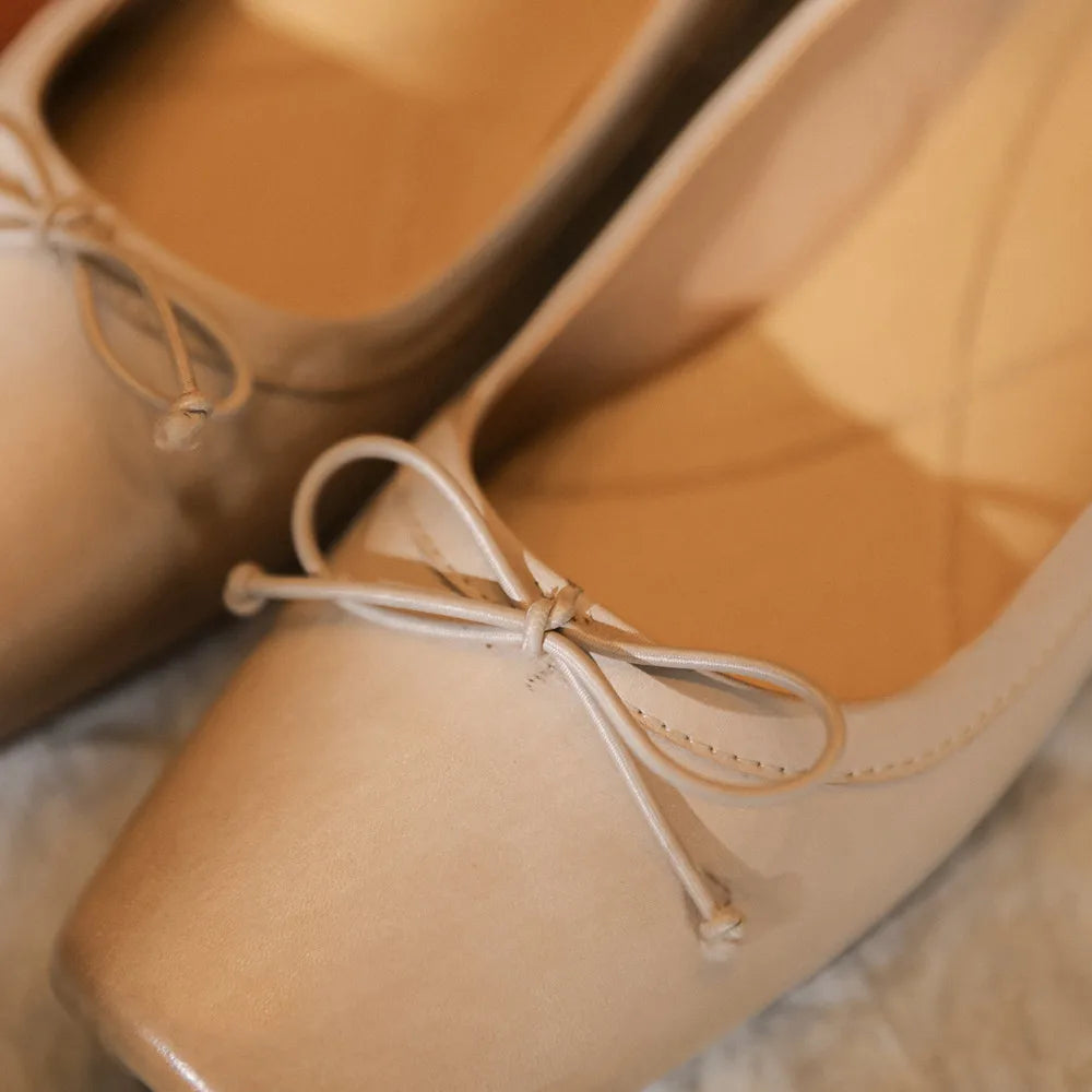 Genuine Leather Square Toe Slipon Ballet Flats Sweet Bowtie Pleated Retro Female Soft Comfortable Espadrilles Shoes Hot