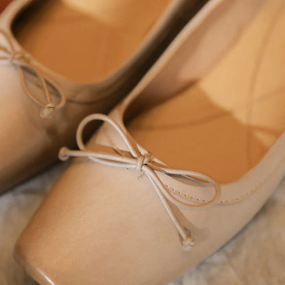 Genuine Leather Square Toe Slipon Ballet Flats Sweet Bowtie Pleated Retro Female Soft Comfortable Espadrilles Shoes Hot