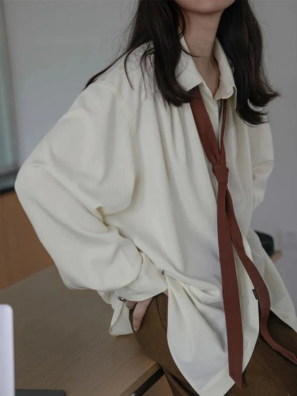 Autumn Minimalist Long Sleeve Button Up Shirt Korean Style Tie Oversize Shirts Blouse Loose Clothes Autumn Tops