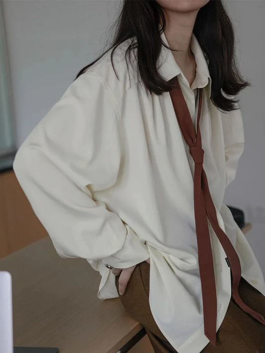Autumn Minimalist Long Sleeve Button Up Shirt Korean Style Tie Oversize Shirts Blouse Loose Clothes Autumn Tops