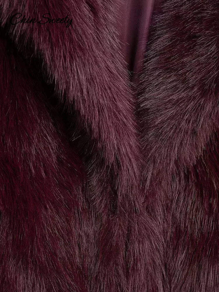 Brown Faux Fur Jacket Oversized Lapel Long Sleeve Fluffy Thicken Coats Female Winter Warm