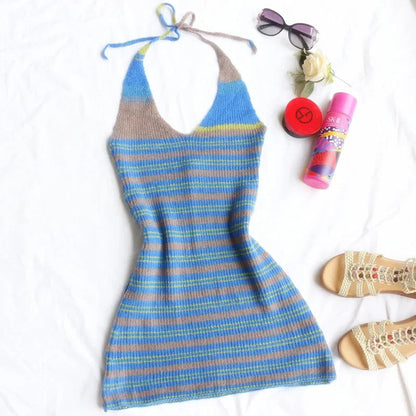 Summer Vneck Striped Halter Knit Beach Dress Backless Stretch French Slim Mini Dress All Match Clothes