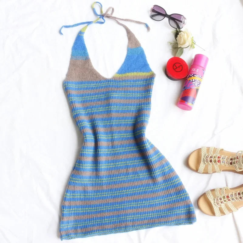Summer Vneck Striped Halter Knit Beach Dress Backless Stretch French Slim Mini Dress All Match Clothes