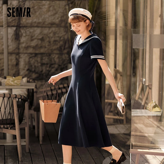 Dress Navy Collar With a Collegiate and Artistic Style Summer New White Moonlight Waist-cinched Long Dress
