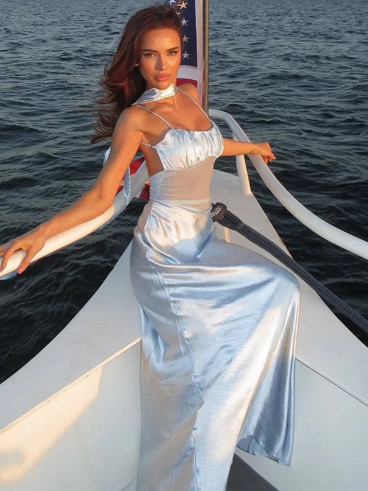 Vacaiton Beach Satin Dress Mesh Patchwork Sleeveless Ruffle Long Dresses Backless Party Dress