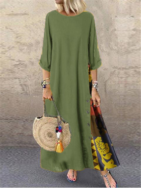 Cotton Linen Long Dresses Three Quarter Sleeves Splicing Print Loose A-line Dress Lady Maxi Vestido