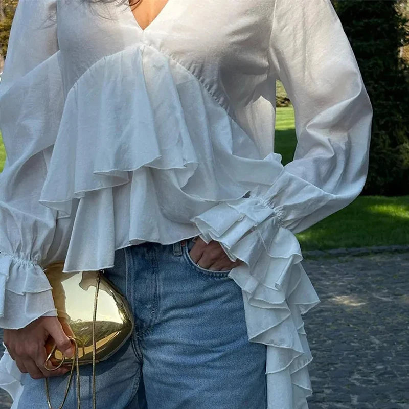 Ruffles V-neck Long Sleeve Blouse