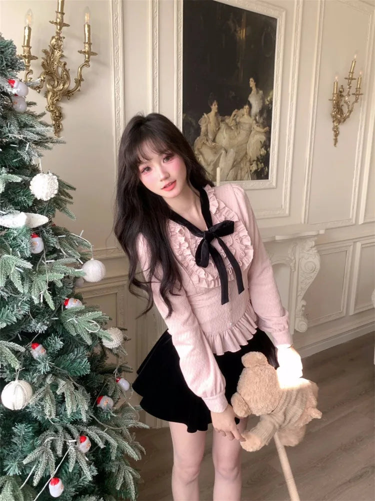 Shirts Sweet Bow Bandage Ruffles Patchwork Long Sleeve Button Slim Crop Tops Spring Female Blouse