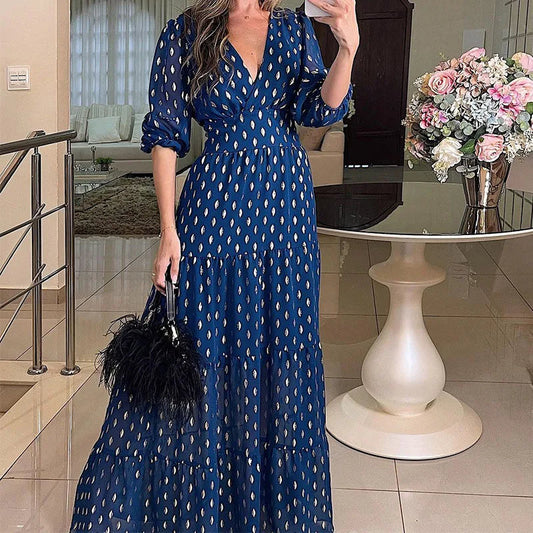 Deep V Neck High Street Dress Autumn Holiday High Waist Long Dress Polka Dot Short Sleeve Pleated Party Dress