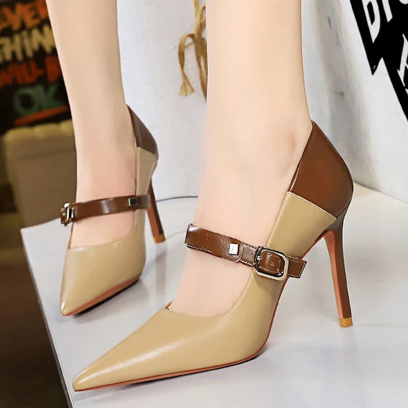 Retro Pumps Mixed Colors High Heels Stilettos Pu Leather Shoes Metal Buckle Heels Office Shoes Large Size 43