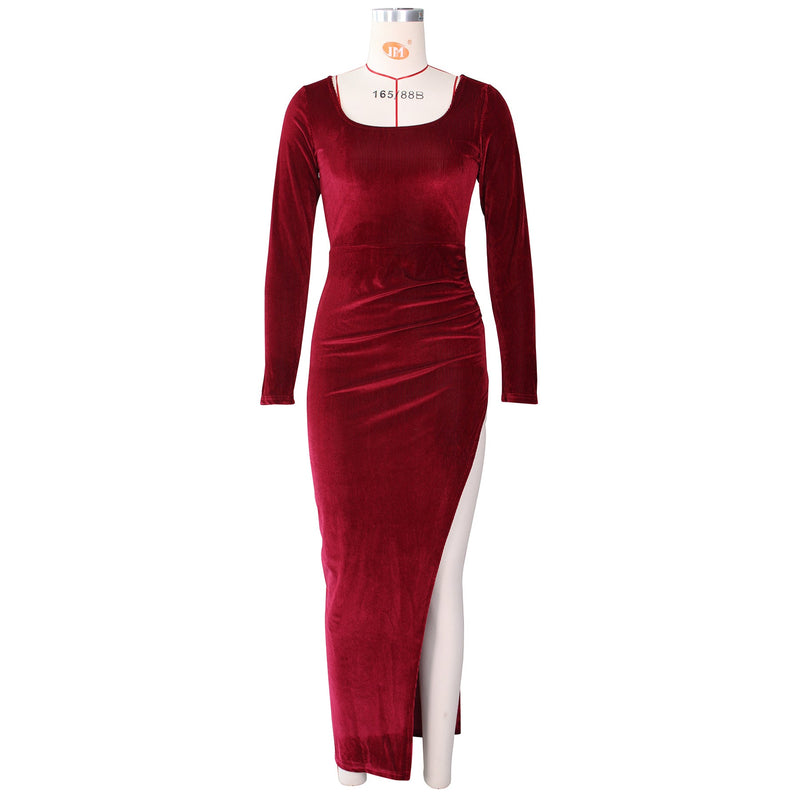 Velvet High Waist Slit Maxi Dress Long Sleeve Evening Party Dress