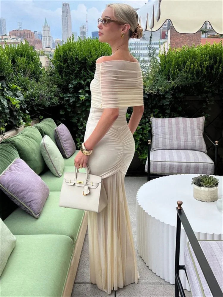 Autumn Mesh 2 Piece-set Long Dress Off-shoulder Pleated Bandeau Dress See-through Female Maxi Dress Outfits