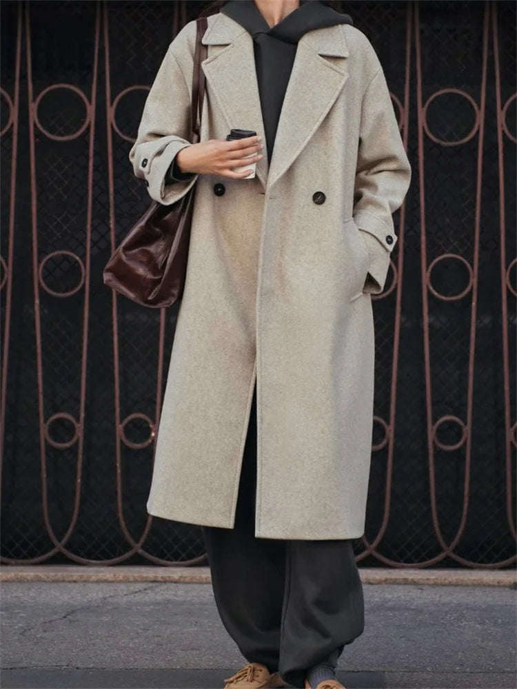Loose ’s Overcoat Pocket Lapel High Waist Long Sleeve Winter Jacket Coat Patchwork Outwear