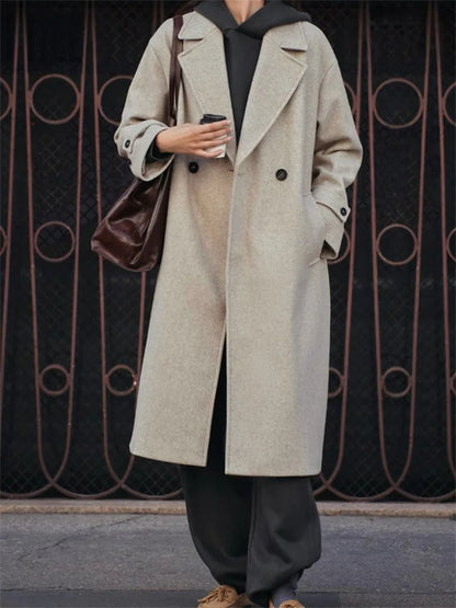 Loose ’s Overcoat Pocket Lapel High Waist Long Sleeve Winter Jacket Coat Patchwork Outwear