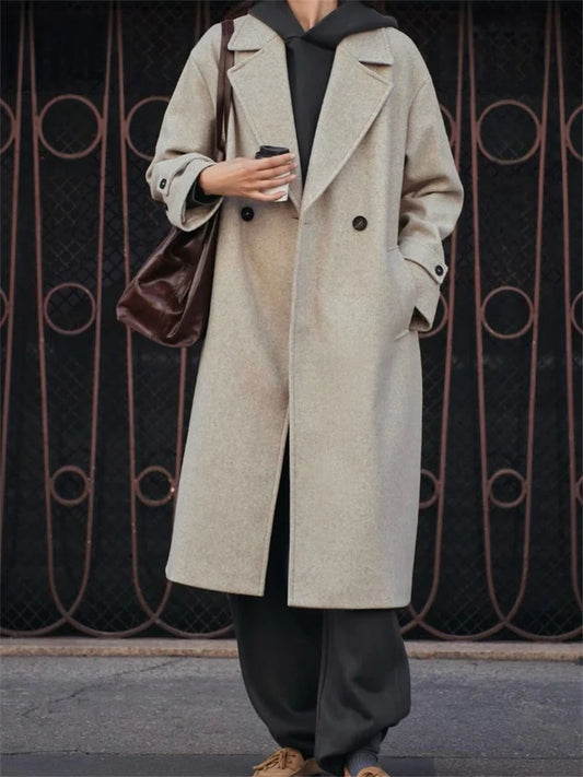 Loose ’s Overcoat Pocket Lapel High Waist Long Sleeve Winter Jacket Coat Patchwork Outwear