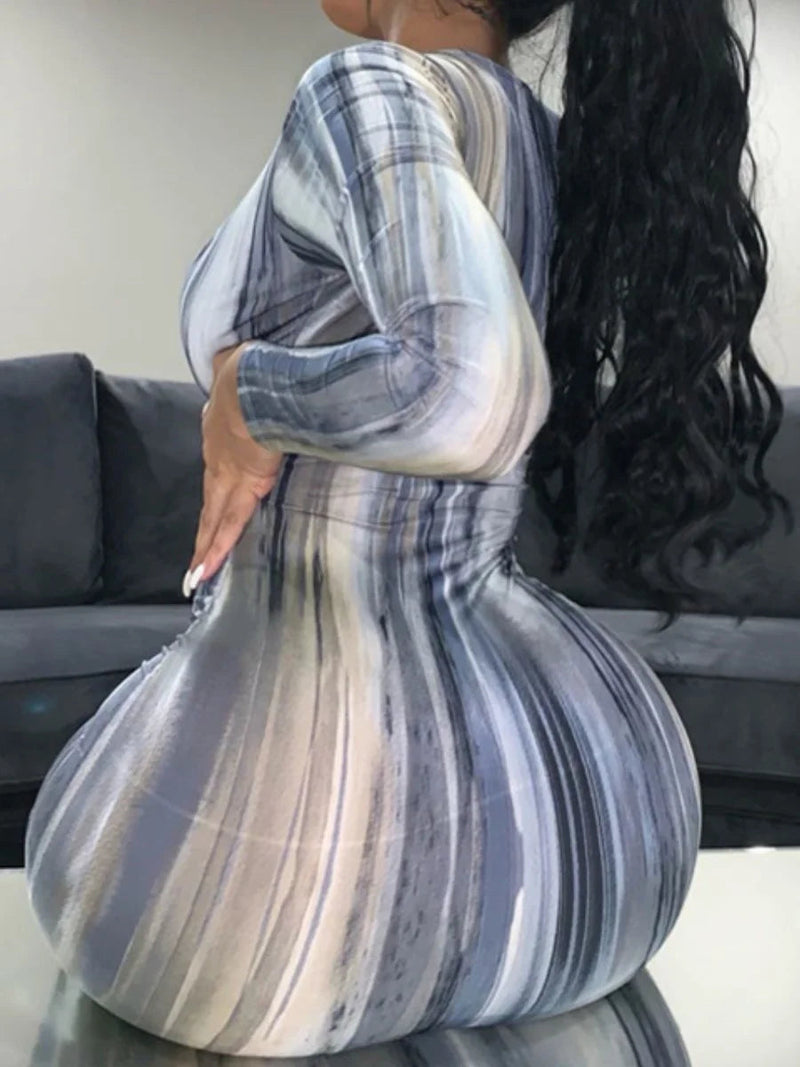 U Neck Tie-dye Print Bodycon Midi Dress