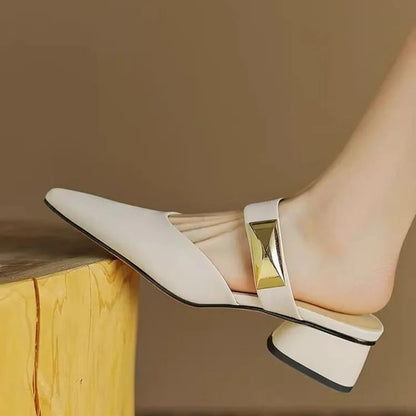 Pointed Metal Decorate Muller Shoes Designer Platform Half Slippers High Heel Woman Sandals