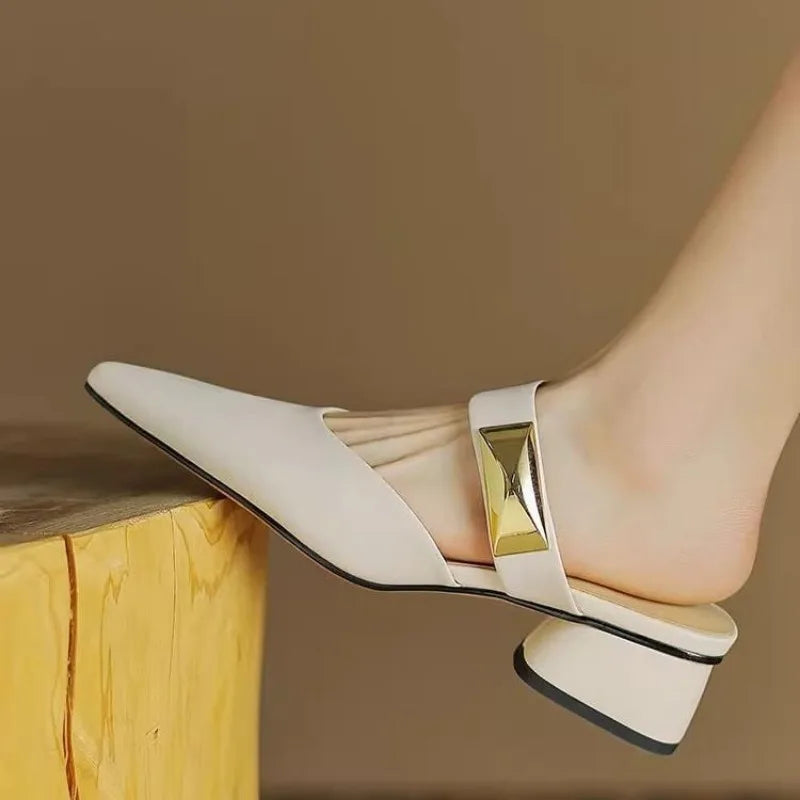Pointed Metal Decorate Muller Shoes Designer Platform Half Slippers High Heel Woman Sandals