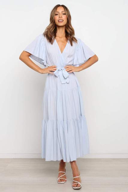 Color Ruffles Long Dresses V-neck Ruffle Sleeves Leace-up Temperament Lady Dress Summer New