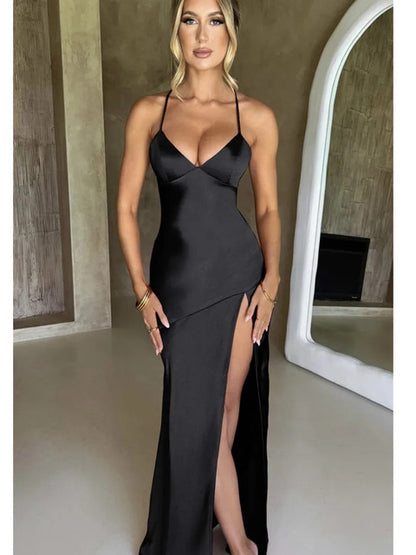 Strapless Satin Maxi Dress Open Back High Slit Slim Dress Spring Summer Party Club Vestidos