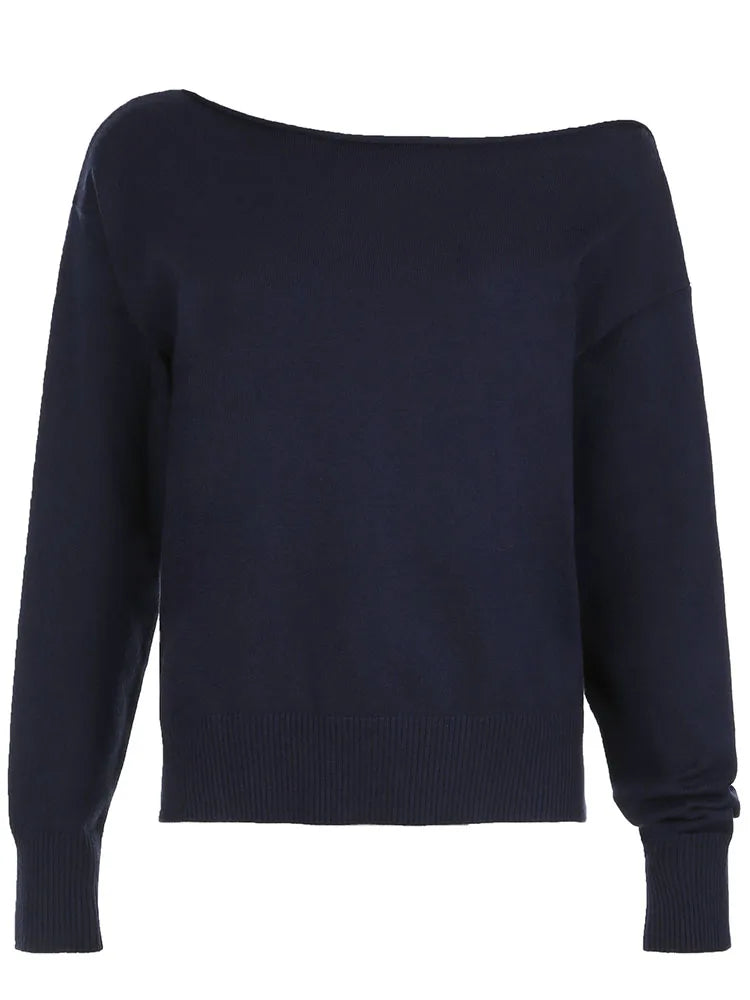 Dark Blue Minimalist Style Autumn Winter Sweaters White Simple Basic Loose Knitted Pullover Jumpers