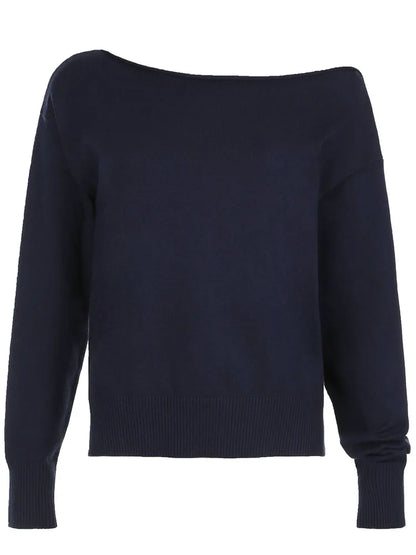 Dark Blue Minimalist Style Autumn Winter Sweaters White Simple Basic Loose Knitted Pullover Jumpers