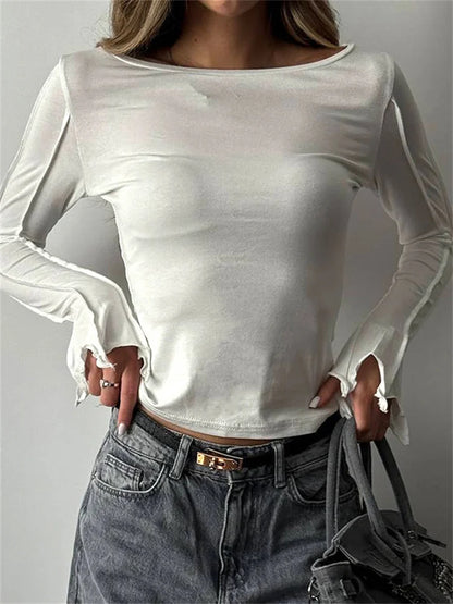 Patchwork Inner T-shirt Top for High Waist Slim Irregular Ruched Female Commute Tee