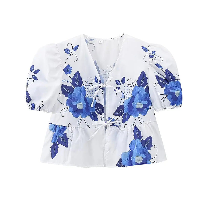 Summer Printed Short Sleeves Shirt Vneck Bow Laceup Cropped Top Female Sweet Blouse Top