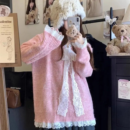 Lace Patchwork Ribbed Sweater for Cutecore Bow Vneck Knitted Pullovers Winter Warm Fairy Grunge Gray Clothes