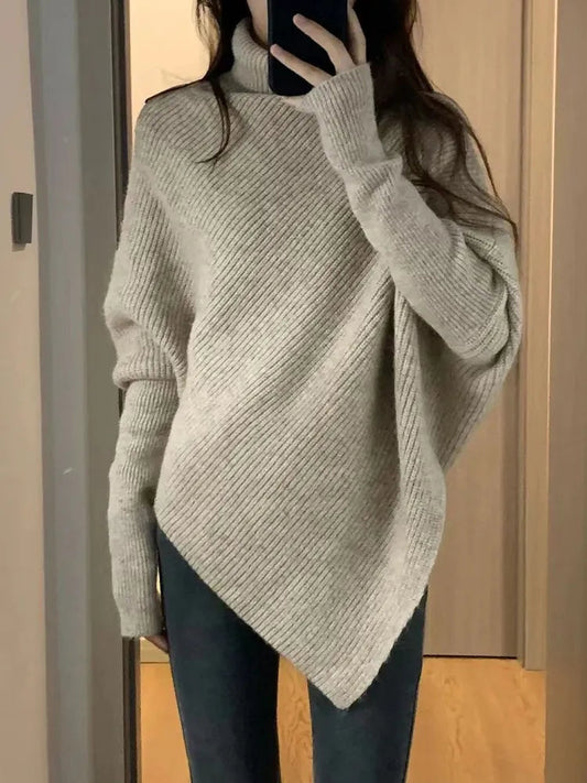 Winter Turtlenecks Korean Irregular Knitted Sweater Female Warm Color Pullovers Lady Loose Long Sleeve Jumper Fc8510