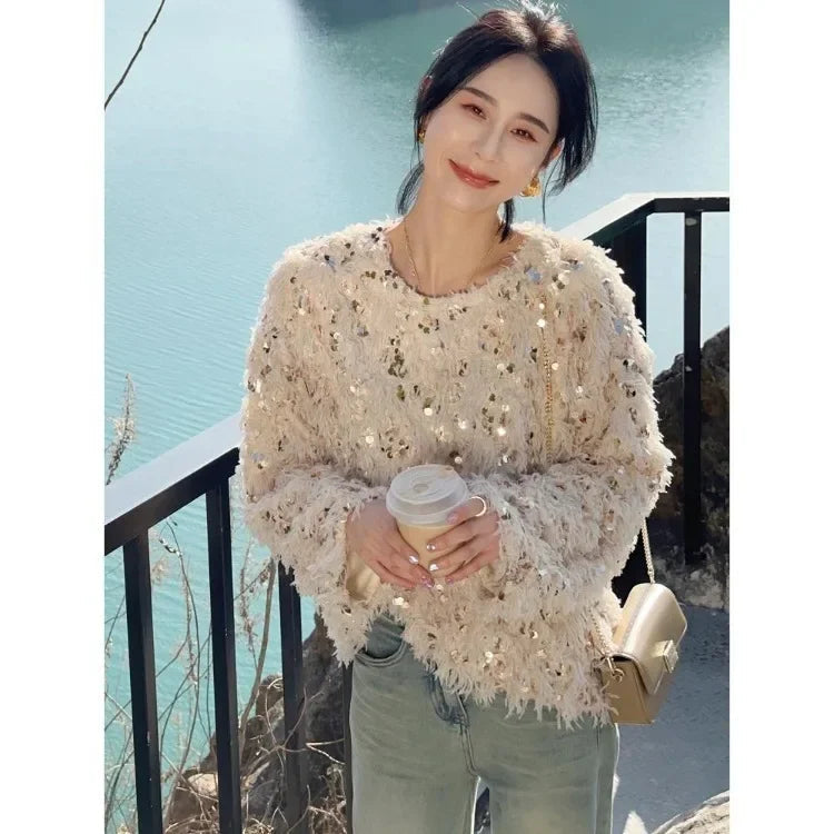 Korean Sequin Tassel Sweaters Mujer Autumn New Oneck Plush Knitted Pullover Y2k Egirl Long Sleeve Tops