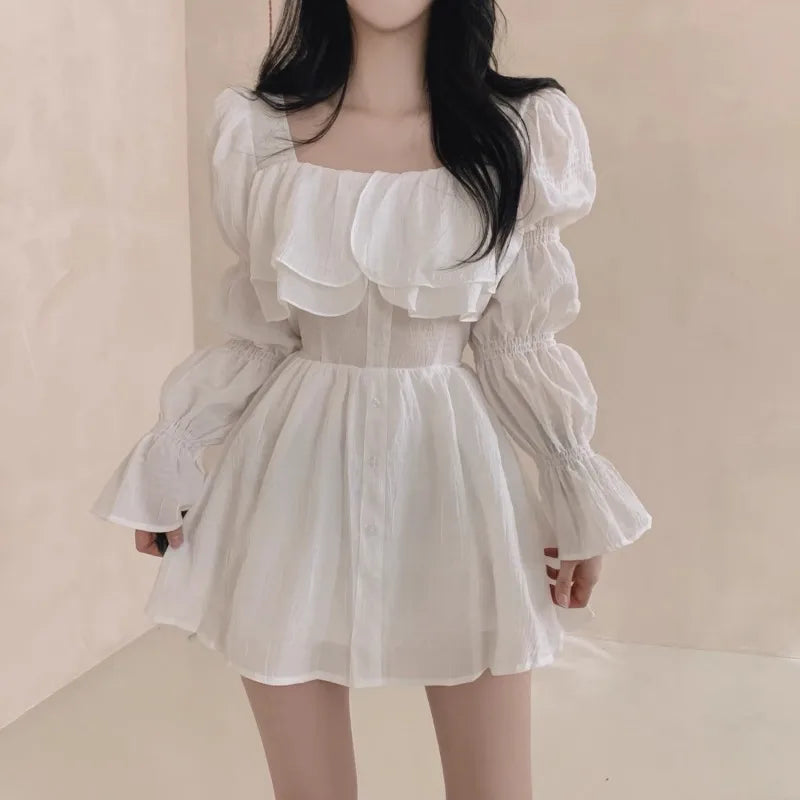 Dresses Puff Sleeve Ruffles Square Neck Spring Autumn Vestidos Mujer Korean Aline Mini Dress