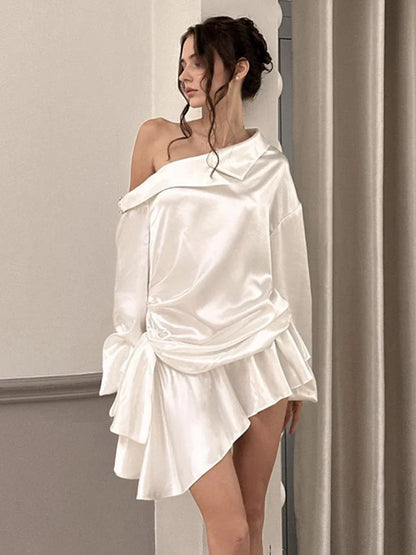 Draped Mini Dress for Backless Irregular Skew Collar Long Sleeve Party Dresses High Waist