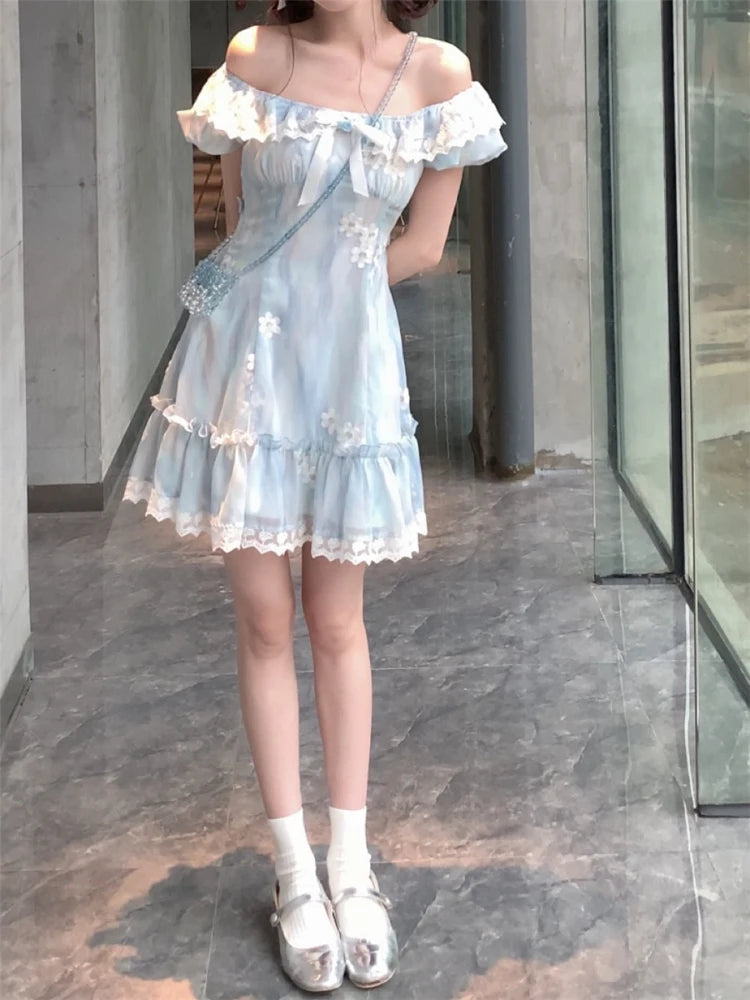 Sweet Kawaii Party Dress Lace Puff Sleeve Mini Dress Summer Korean One Piece Dress New