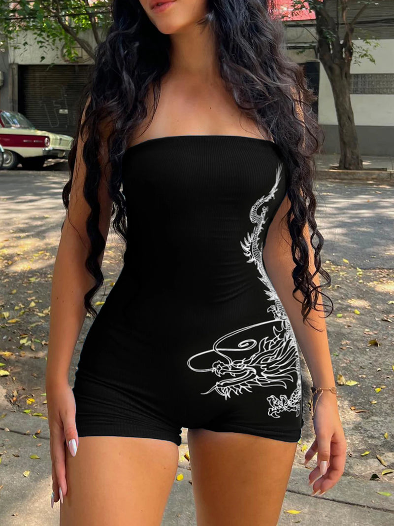 Dragon Print Sleeveless Strapless Skinny Rompers Black Chinese Style Playsuit Summer Baddie Short Overalls
