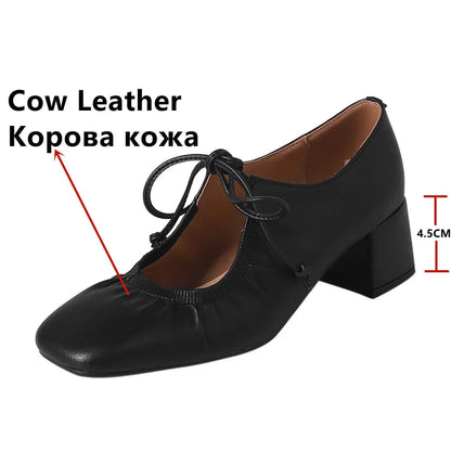 Mature Pumps Laceup Thick Heels Shoes Woman Spring Summer Office Lady Working Genuine Leather Pumps
