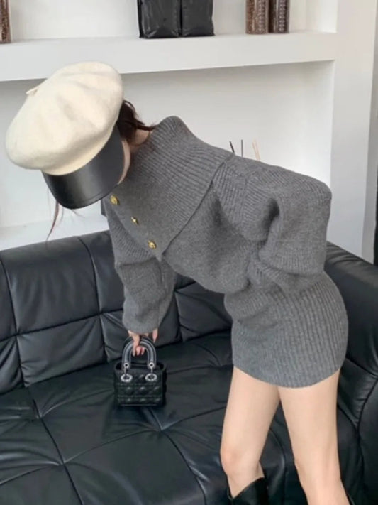 Y2k Sweater Knitted Dress for Diagonal Collar Off Shoulder Birthday Party Mini Dress Autumn Female Clothing